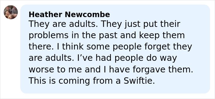 Text message from Heather Newcombe discussing forgiveness and referring to being a Swiftie amid Kim Kardashian and Blake Lively revelations.