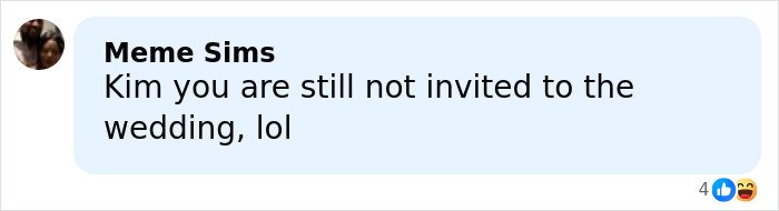Text message from Meme Sims saying Kim is still not invited to the wedding, referencing Kim Kardashian's Taylor Swift comments and Blake Lively reveal.