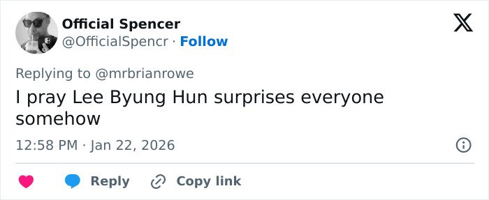 Tweet from Official Spencer expressing hope Lee Byung Hun surprises everyone in the context of Academy 2026 Oscar nominations.