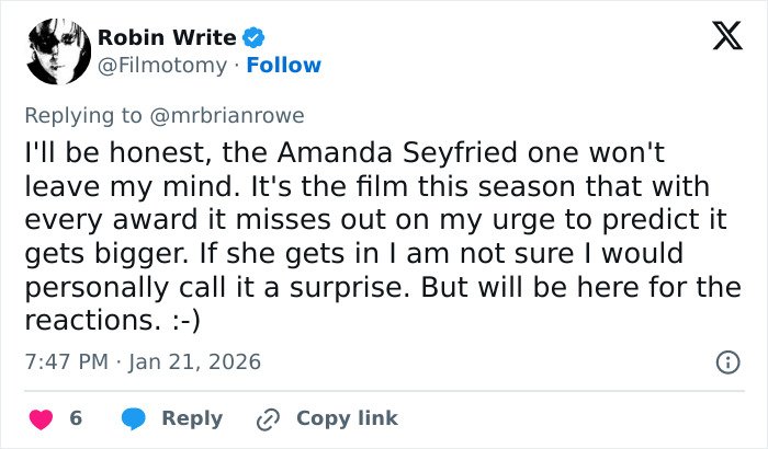 Tweet discussing Amanda Seyfried’s potential in the 2026 Oscar nominations and audience reactions anticipated.