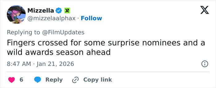 Tweet from Mizzella expressing hope for surprise nominees in the upcoming 2026 Oscar nominations awards season.