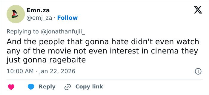 Twitter user reacting to the release of the 2026 Oscar nominations, discussing movie and cinema interest online.