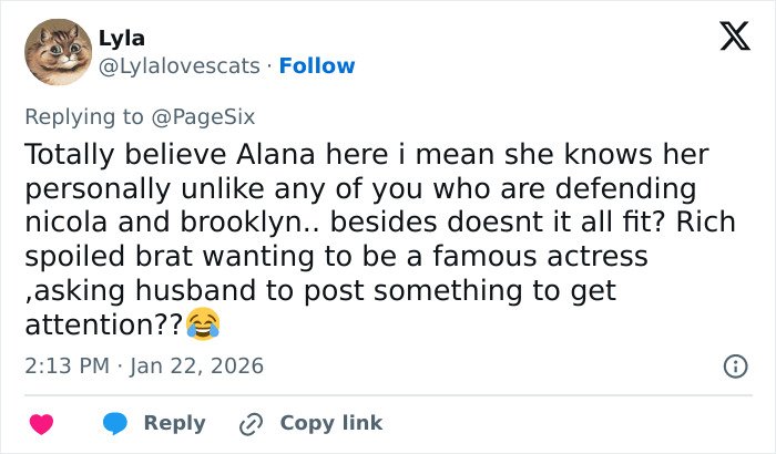 Tweet criticizing actress from sister of Nicola Peltz’s ex following Brooklyn Beckham’s scathing rant about the family.