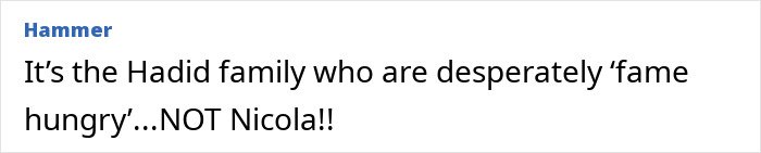 Comment text on a white background discussing the Hadid family and Nicola Peltz in a social media style format.