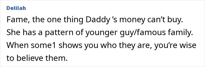 Comment by Delilah on social media discussing fame, family patterns, and trust related to Nicola Peltz's ex sister.