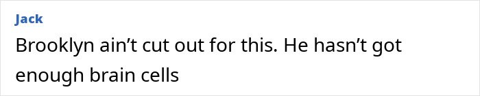Screenshot of a comment criticizing Brooklyn Beckham’s intelligence amid drama involving Nicola Peltz’s ex’s sister’s online attack.
