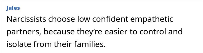 Comment about narcissists controlling partners, related to sister of Nicola Peltz's ex and Brooklyn Beckham’s rants.