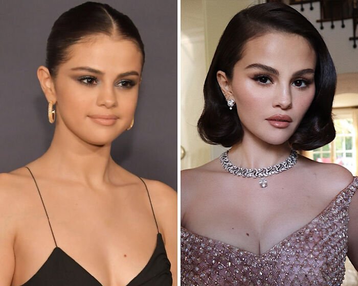 Selena Gomez with different hairstyles and makeup, showing transformation sparking plastic surgery fan debate.