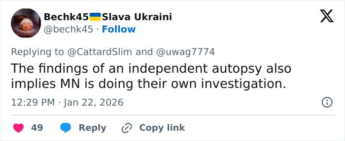 Tweet discussing independent autopsy findings related to Renee Good’s family investigation into her final moments.