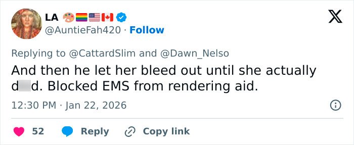 Tweet discussing Renee Good's autopsy revealing harrowing new details about her final moments and blocked EMS aid.