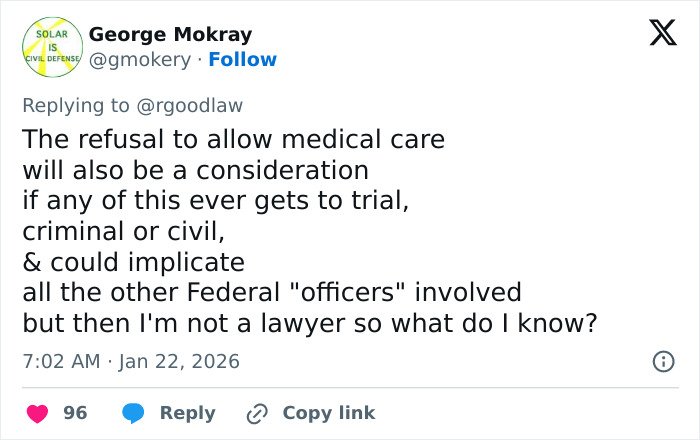 Tweet discussing implications of autopsy released by Renee Good’s family revealing harrowing final moments details.
