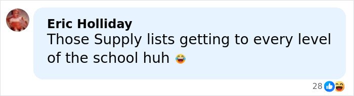 Comment by Eric Holliday mentioning supply lists reaching every school level in a social media post about theft scheme