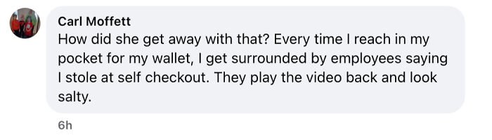 Comment from Carl Moffett questioning how assistant principal got away with Walmart theft scheme using stacking method at self checkout.