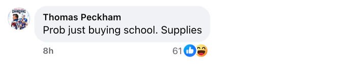 Screenshot of a social media comment mentioning buying school supplies, related to assistant principal accused of Walmart theft scheme.