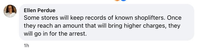 Comment about stores keeping records of shoplifters and arrest procedures related to theft schemes at Walmart.