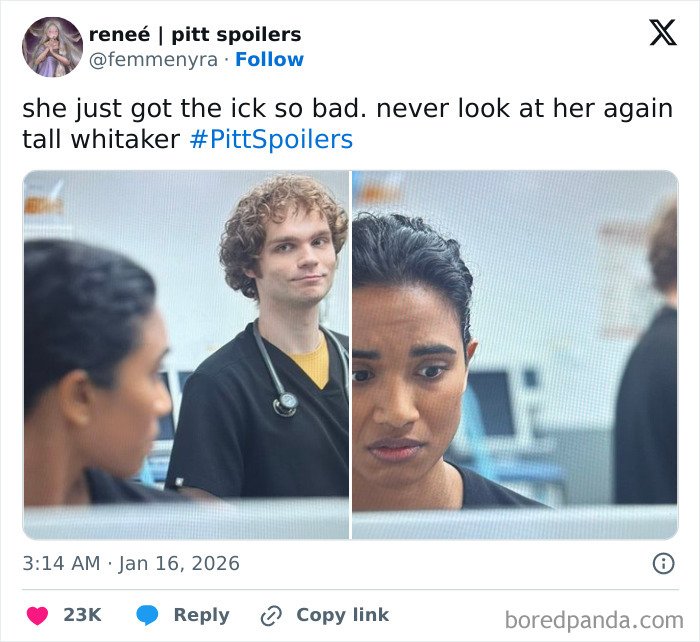 Two actors from The Pitt season 2 shown in a hospital scene, depicting tension amid new romance speculation.