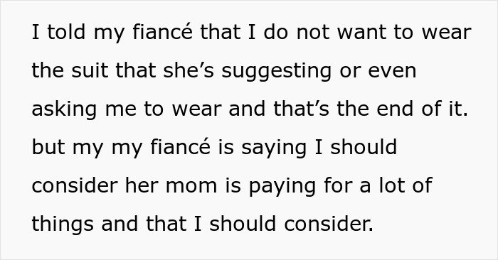 Text showing groom refusing wedding attire suggested by mother, highlighting tension as mother dictates wedding attire.