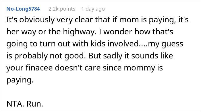 Comment discussing mother dictating wedding attire causing groom to refuse marriage, highlighting family conflict and consequences.