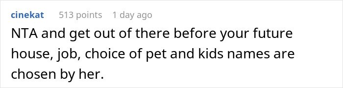 Commenter cinekat responding to a post about a mother dictating wedding attire as the groom refuses marriage.