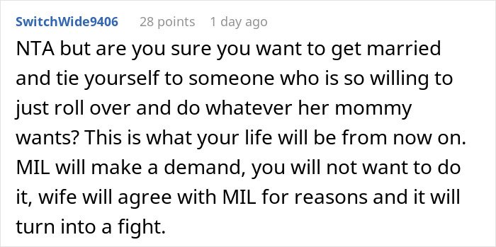 Screenshot of an online comment discussing mother dictating wedding attire and groom refusing marriage with potential marital conflicts.