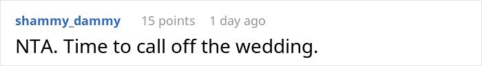 Screenshot of a social media comment stating refusal to proceed with the wedding due to mother dictating attire.