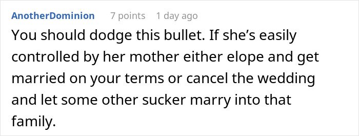 Commenter advises groom to refuse marriage as mother dictates wedding attire, emphasizing control issues in the relationship.