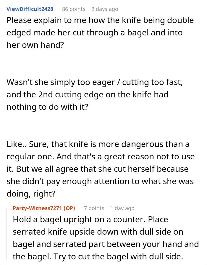 Discussion about husband warning wife against using a dangerous gift from her mom, focusing on knife safety concerns.