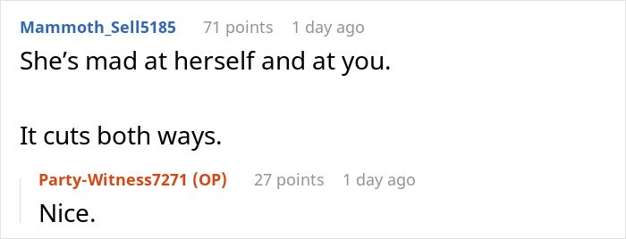 Screenshot of an online discussion where a husband advises against using a dangerous gift from her mom, but she ignores him.