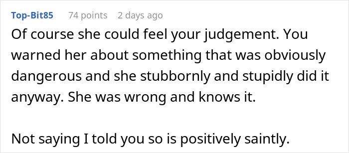 Comment discussing a husband warning his wife about a dangerous gift from her mom that she stubbornly ignores.