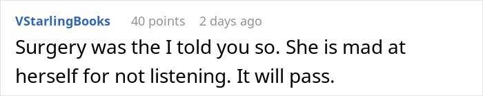 Comment about husband telling wife not to use dangerous gift from her mom, wife ignoring advice despite risks described.