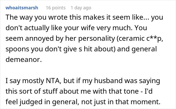 Screenshot of a Reddit comment discussing a husband's warning about a dangerous gift from her mom that the wife ignores.