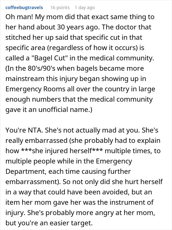 Reddit comment explaining a common hand injury called Bagel Cut caused by a dangerous gift from wife&rsquo;s mom.