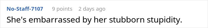 Text post on a white background with blue username No-Staff-7107 and comment about stubbornness and dangerous gift situation.