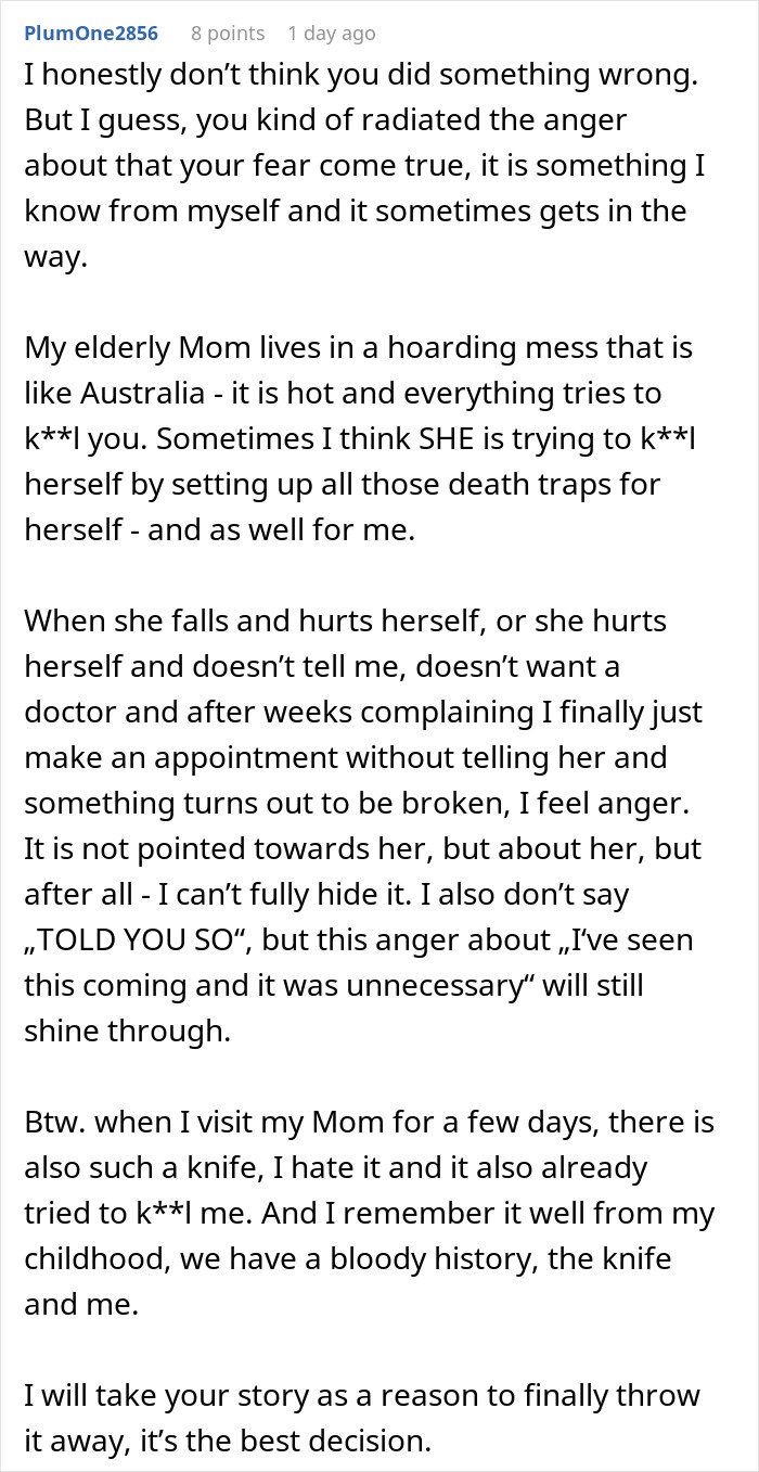 Comment discussing dangers of a gift from mother, husband warning wife about using a dangerous gift she ignores.