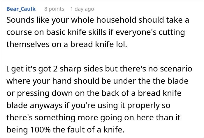 Comment discussing dangers of using a sharp bread knife gift despite warnings from husband to wife.