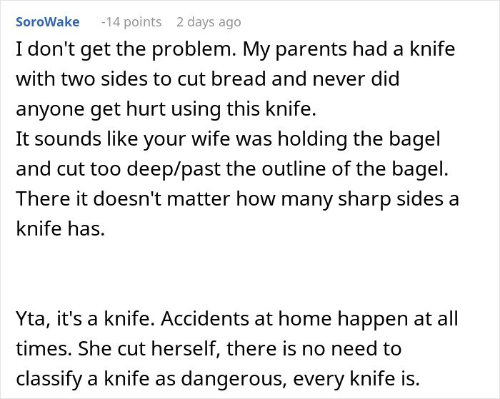 Comment discussing a husband warning wife about a dangerous gift knife from her mom, with differing opinions on its use.