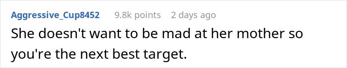 Text comment on a social platform discussing a husband warning his wife about a dangerous gift from her mom that she ignores.