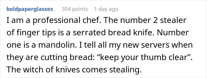 Screenshot of a user comment explaining why a serrated bread knife is a dangerous gift and how to avoid finger injuries.