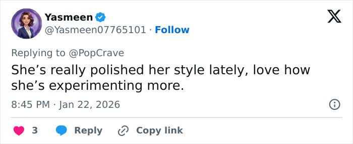 Screenshot of a tweet praising Millie Bobby Brown&rsquo;s sultry snaps and polished, experimental style.