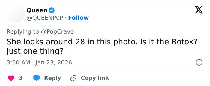 Fan comment discussing Millie Bobby Brown's sultry snaps and her appearance looking older than her age.