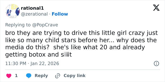 Tweet discussing Millie Bobby Brown growing up too fast with fans concerned about her appearance changes.