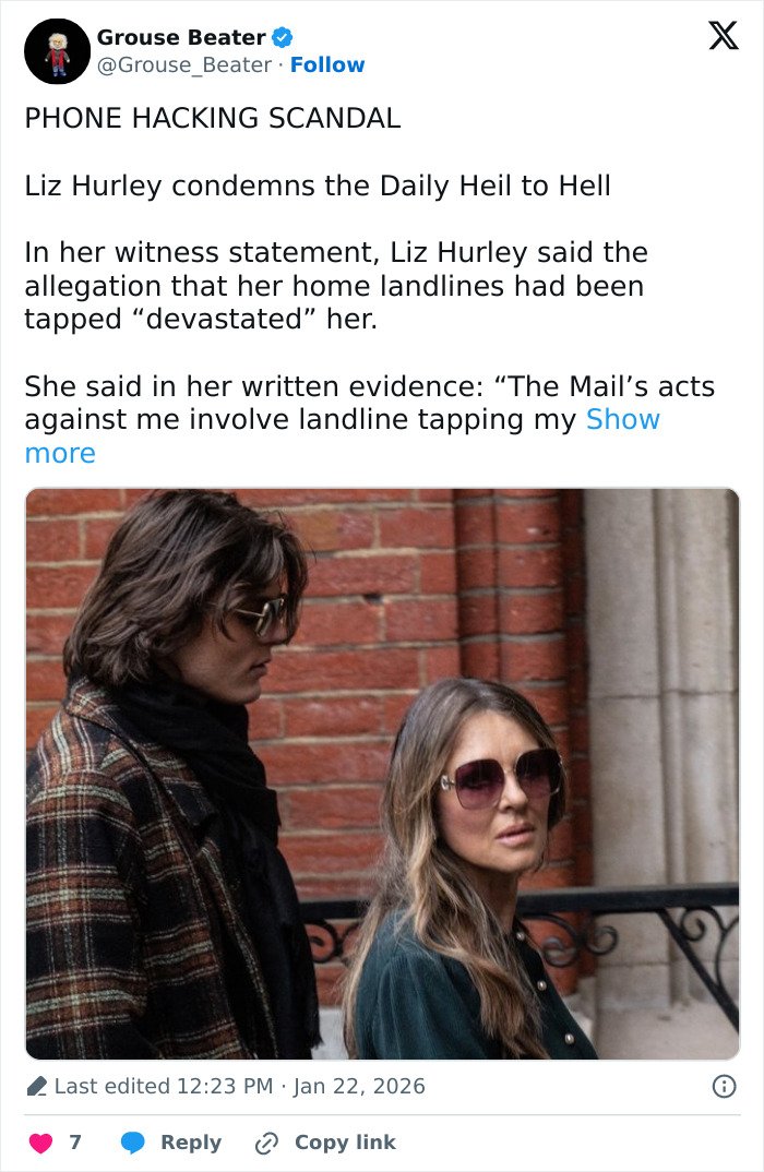 Liz Hurley wearing sunglasses and green coat, appearing emotional during Prince Harry trial outside courthouse.
