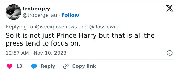 Tweet discussing Prince Harry and media focus, related to Liz Hurley breaking down in tears during trial accusations.
