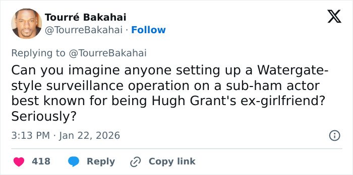 Tweet discussing surveillance operation related to Liz Hurley amid emotional accusations in Prince Harry trial.