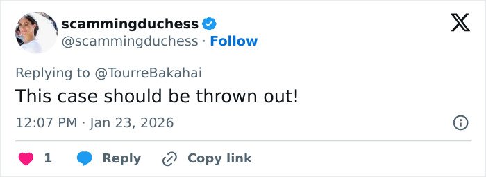 Tweet from scammingduchess replying to TourreBakahai with text expressing opinion that case should be thrown out during Prince Harry trial.