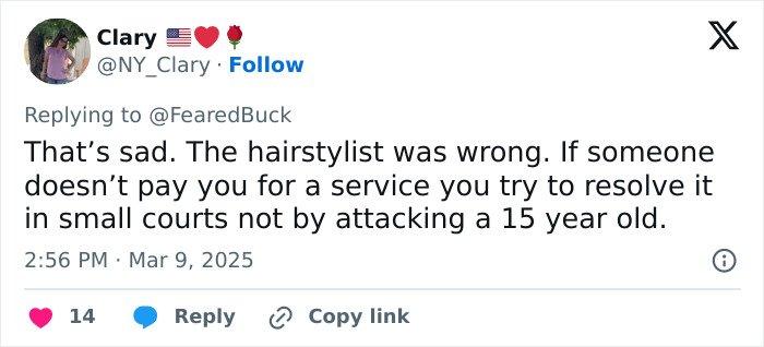 Tweet discussing the Maryland hairstylist’s actions involving dragging a teen client by her hair in a salon incident.