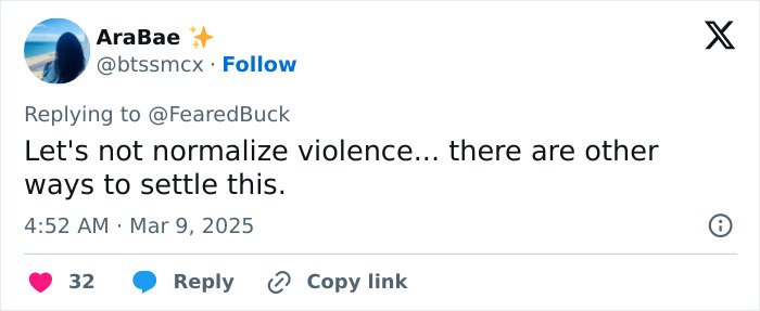 Twitter user AraBae replying to a tweet, urging not to normalize violence and suggesting peaceful ways to settle conflicts.