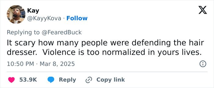 Twitter user Kay commenting on the Maryland hairstylist dragging teen client, discussing violence and public reactions.