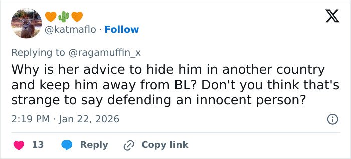 Screenshot of a Twitter reply discussing British actress Jameela Jamil’s harsh comments about Blake Lively in revealed texts.
