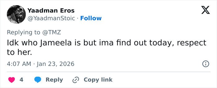 Screenshot of a tweet mentioning British actress Jameela Jamil with respect and curiosity about her identity.